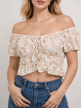 Cream Off-Shoulder Floral Tie-Front Crop Top